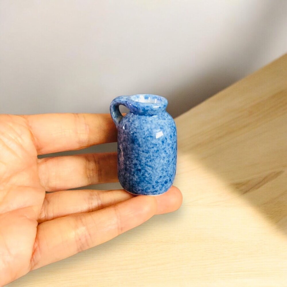 Vtg 80s ENESCO Miniature Milk Water Jug Pot Vase Pottery Handle Blue Dollhouse